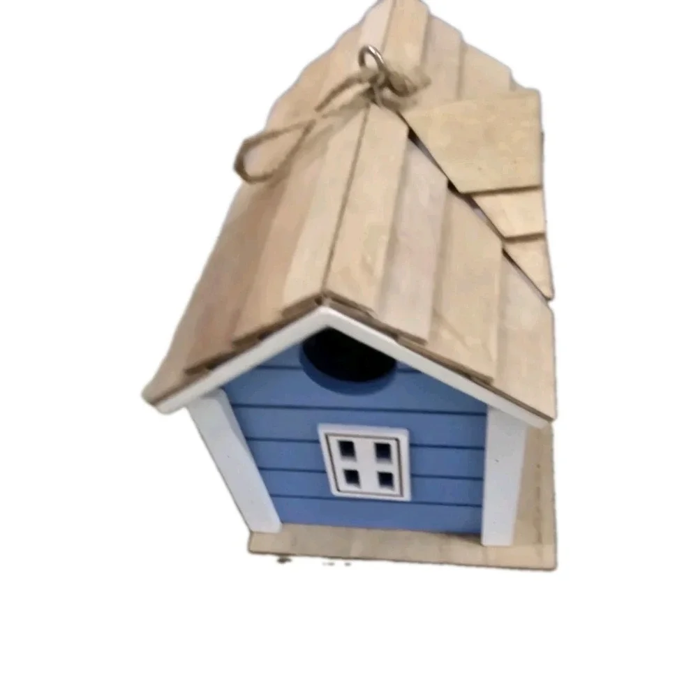Small Blue and White Wooden Birdhouse Decorative Hanging Cottage